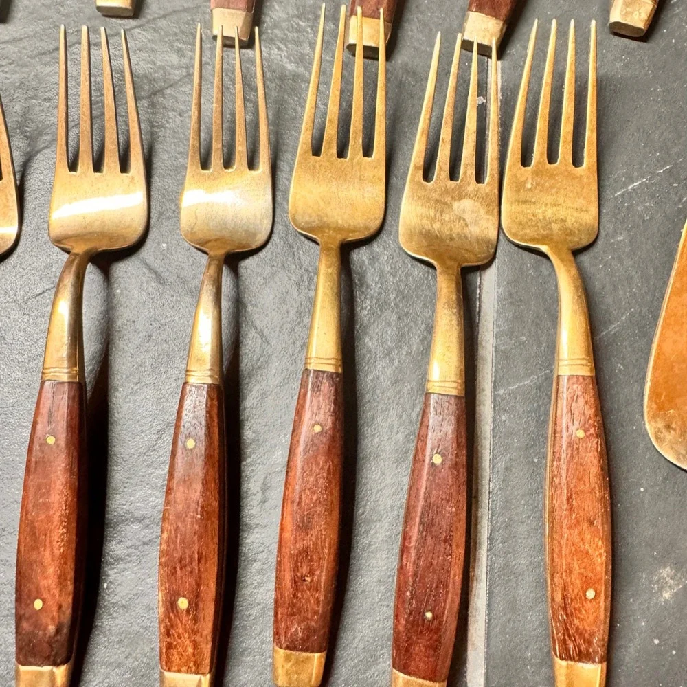 Vintage‎ MCM Luxury Gold Tone Cutlery Rosewood Handles Serving Utensils 29pc Set